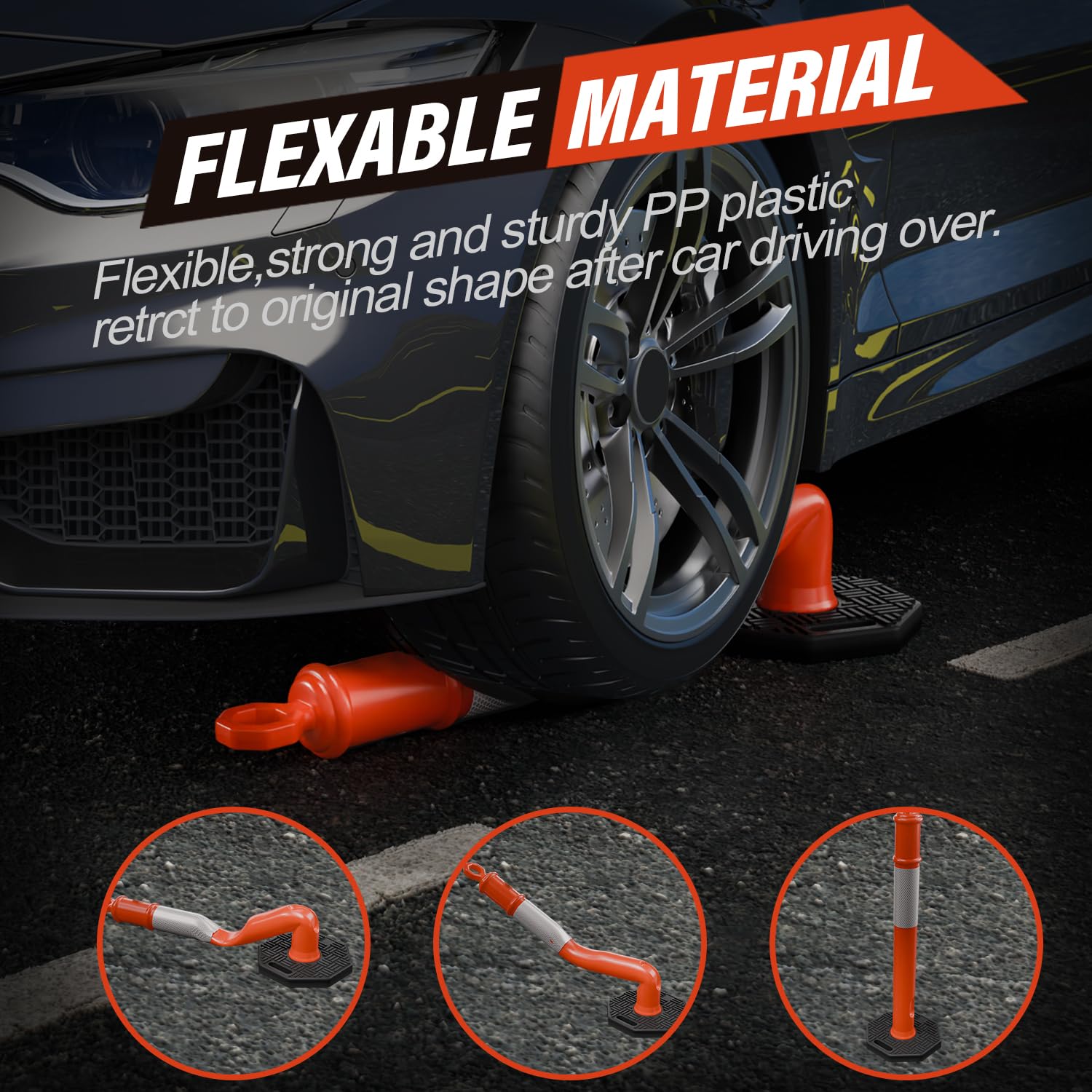 45 Inch Orange Delineator Post with Base, 3 Pack | Traffic Delineator Posts Cones, Visibility Reflective Collars