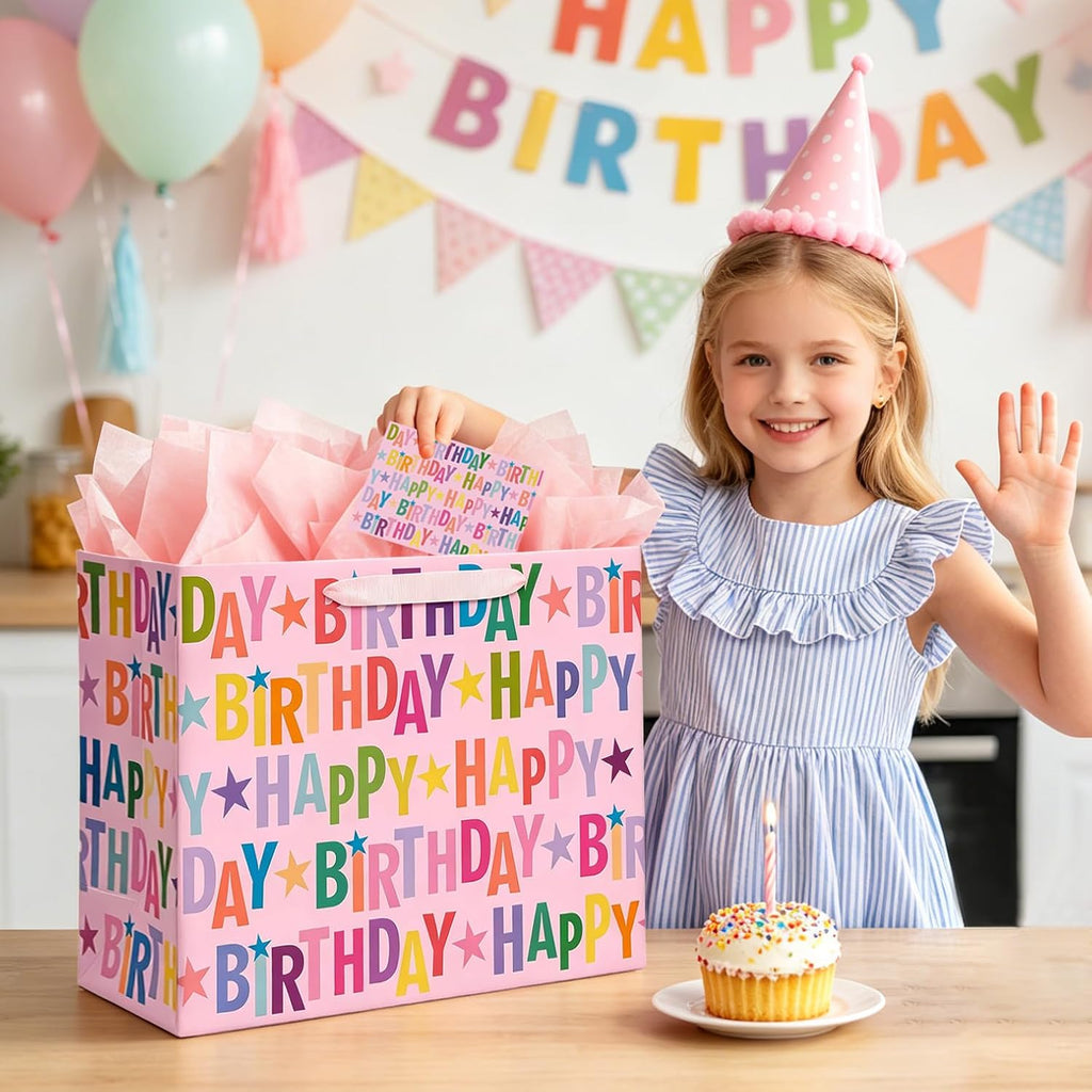 16.5" Extra Large Happy Birthday Gift Bag Set with Greeting Card and Tissue Paper, Colorful Lettering Design for