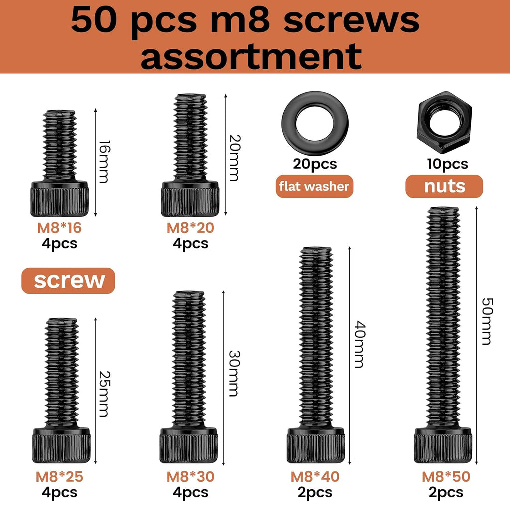 50 Pcs M8 Bolts Kit M8x 16/20/25/30/40/50 mm M8 Screw Kits