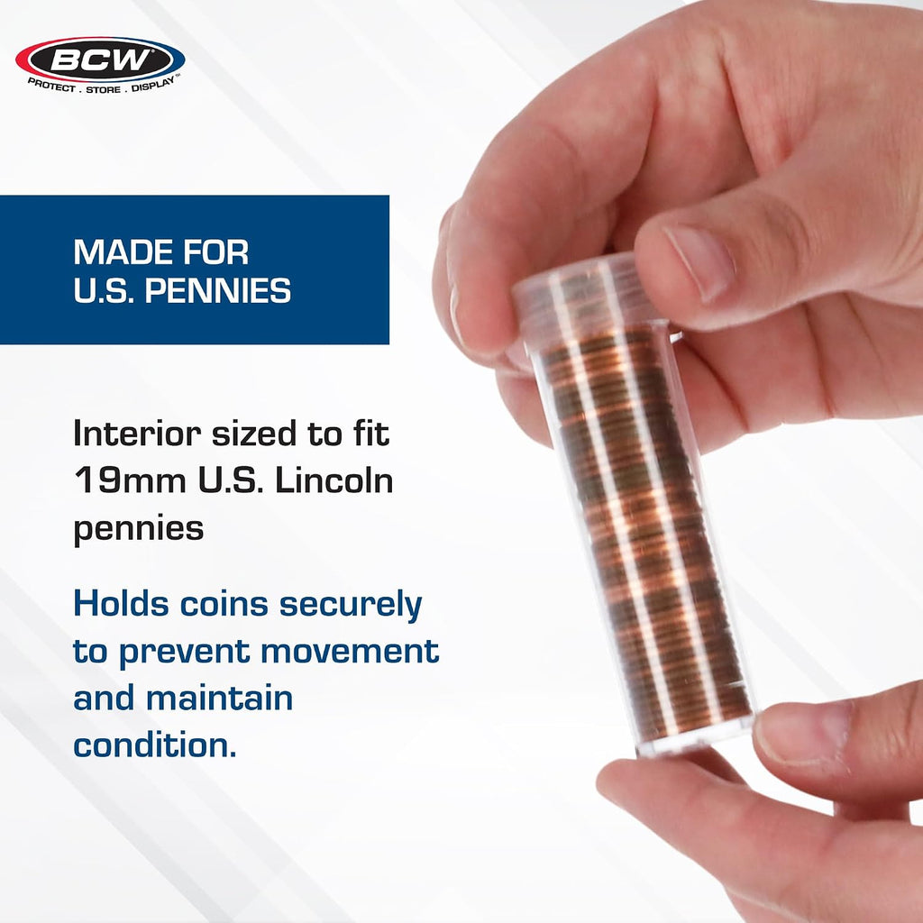 Coin Storage Tubes, Clear Plastic W/Screw on Tops for Pennies (Qty = 10 Tubes) by BCW