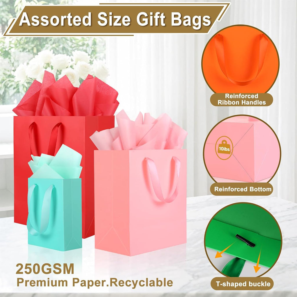 12 Pack Gift Bags with Handles & 24 pc Tissue Paper, Assorted Sizes