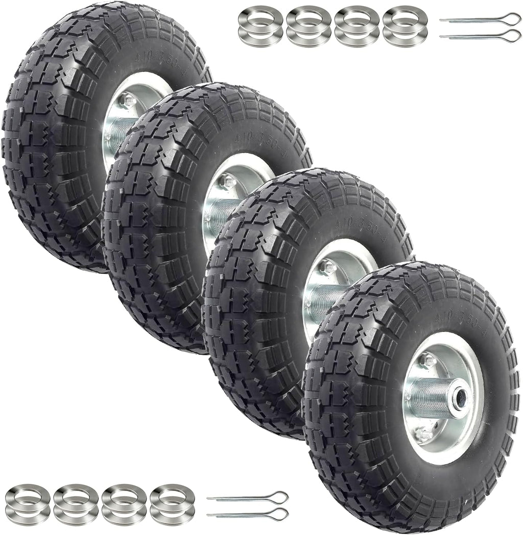 (4-Pack) 10-Inch Solid Rubber Tire Wheels - Replacement 4.10/3.50-4" Flat Free Tire with 5/8" Bearings, 2.2" Offset