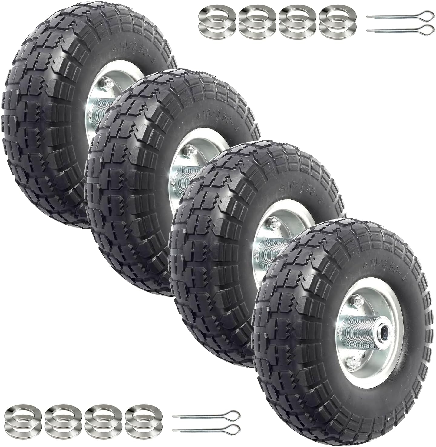 (4-Pack) 10-Inch Solid Rubber Tire Wheels - Replacement 4.10/3.50-4" Flat Free Tire with 5/8" Bearings, 2.2" Offset