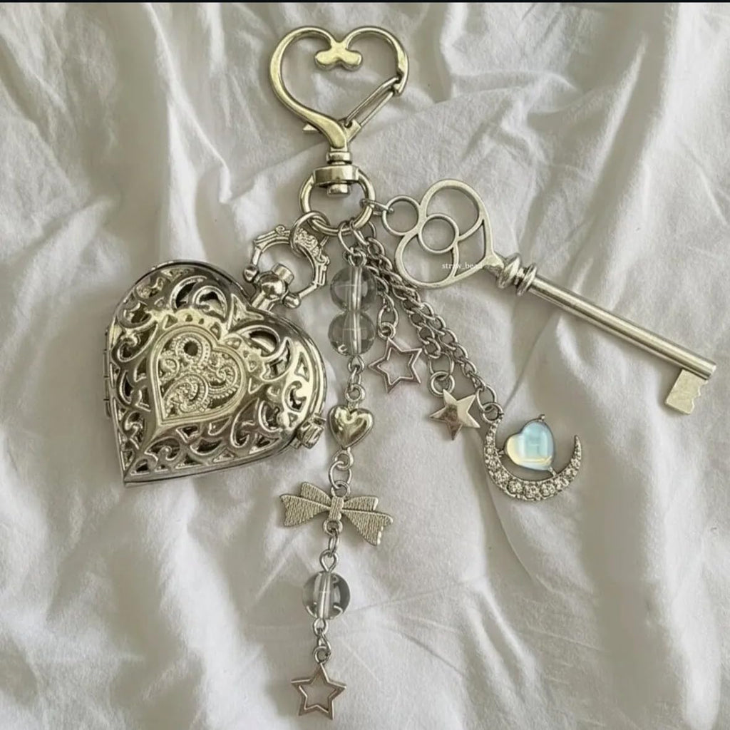 Y2k Pocket Watch Keychain Aesthetic Heart Locket Bag Charms | Moon Star Bow Bag Purse Charms for Handbags Accesories