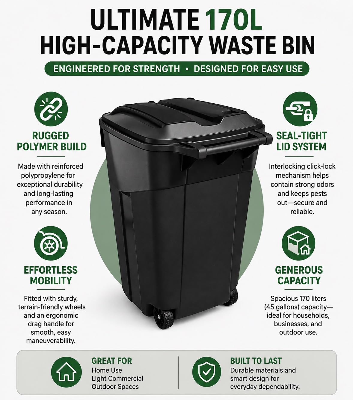 45 Gallon Outdoor Trash Can with Wheels and Fixed Lid, Heavy Duty Rolling Trash Bin for Patio, Garage and Roadside