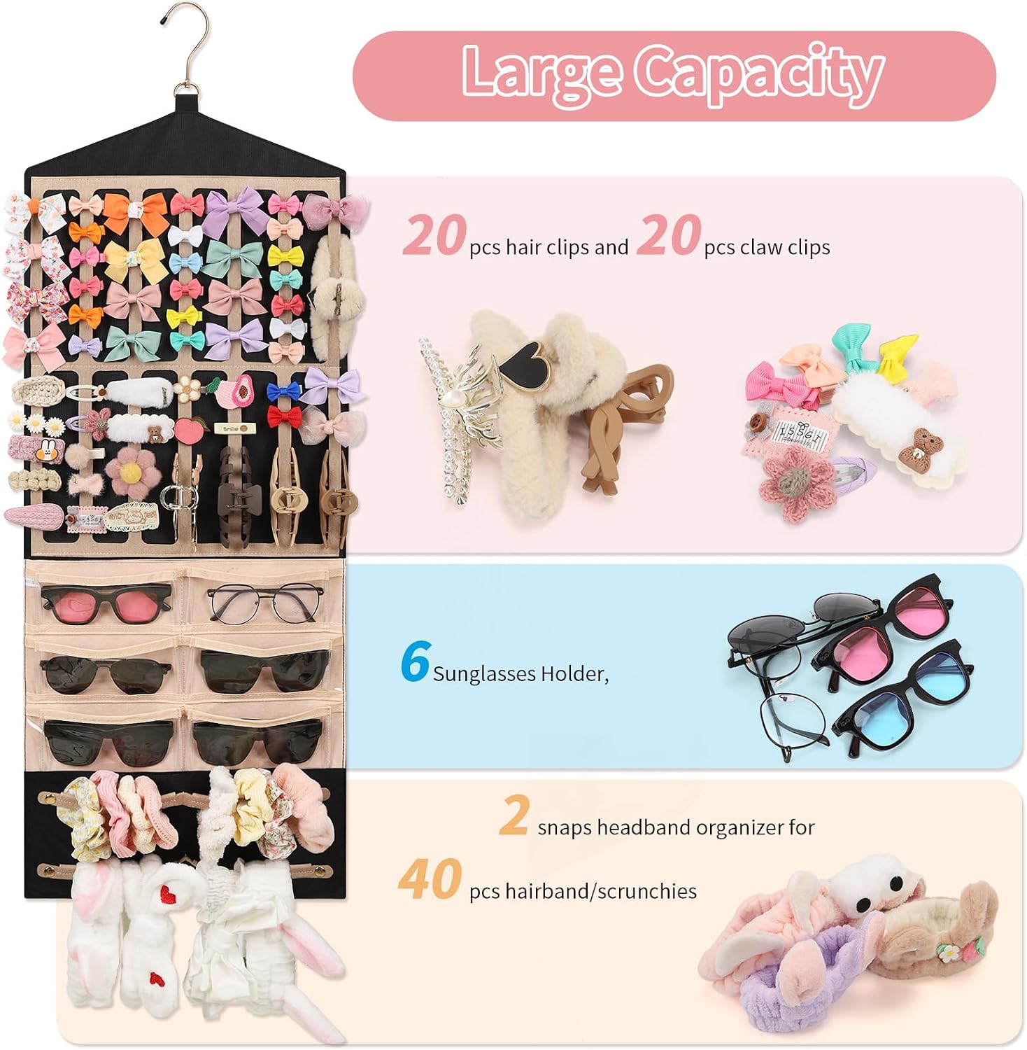 Hanging Claw Clip Organizer for Girls/Women with Hanger Metal Hooks, Claw Clip Organizer, Wall Hanging for Girl Room