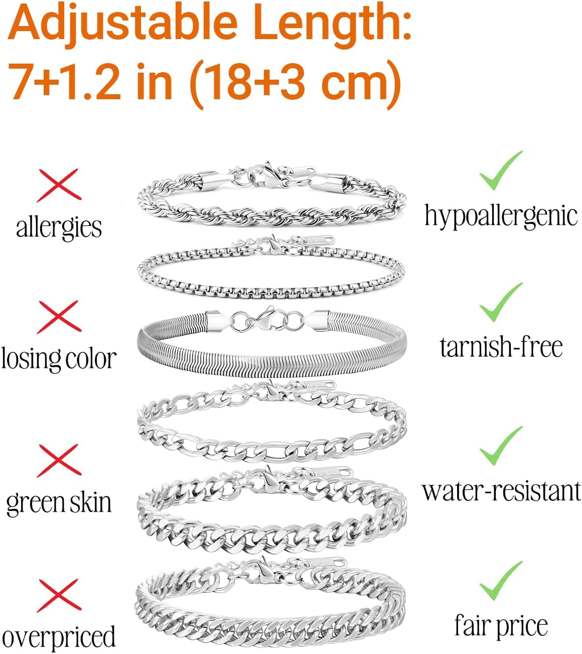 Men's Stainless Steel Silver Bracelets,6Pcs Adjustable Trendy Cuban Link Chain Bracelet Set Men Jewelry
