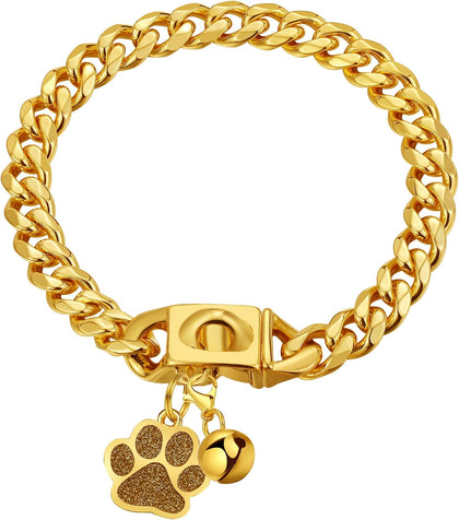 Dog Chain Collars Gold Dog Collar 10mm Gold Cuban Link Dog Collar Stainless Steel 18K Gold Dog Chain with Snap Buckle
