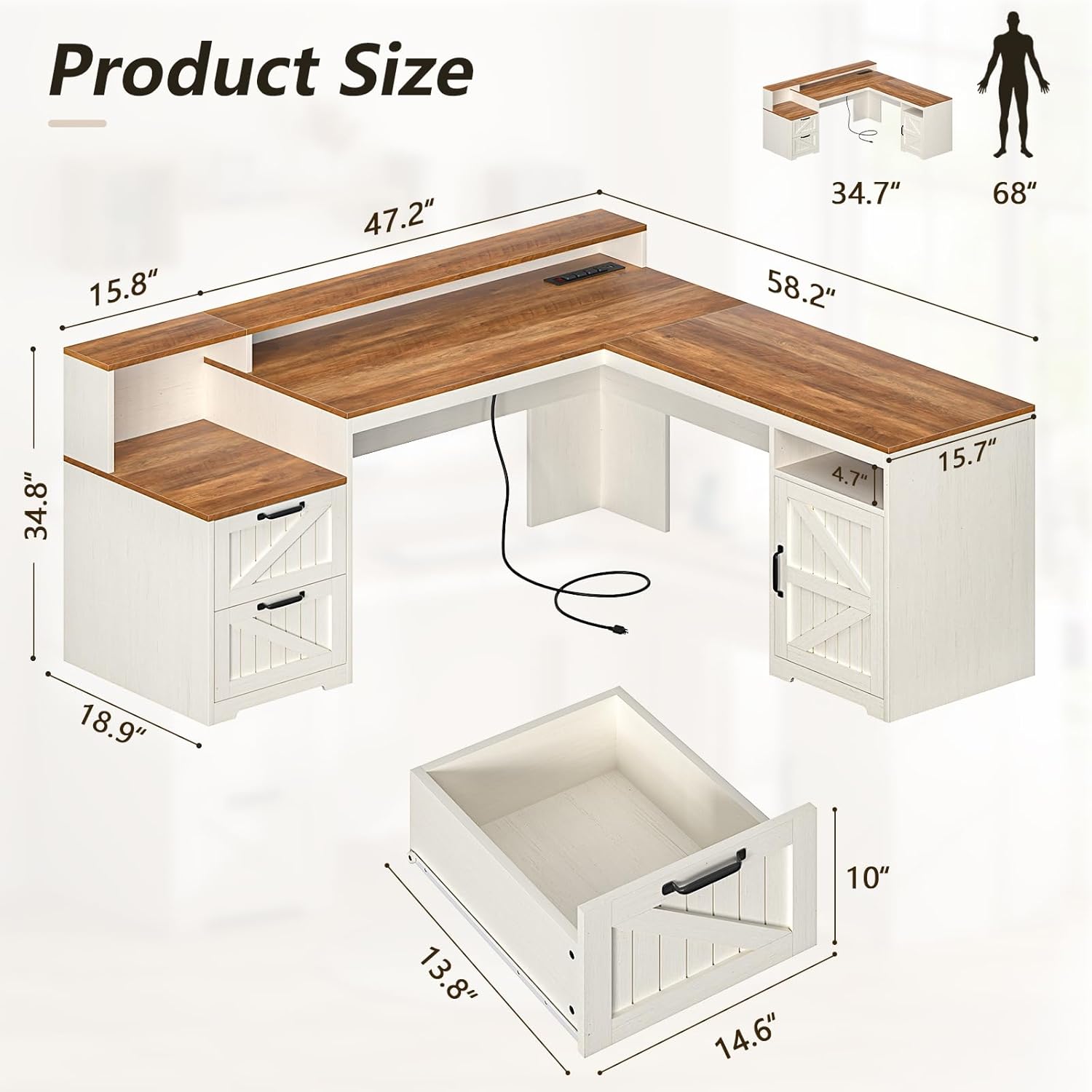63" Farmhouse L Shaped Executive Desk with Drawers & Storage Shelf, Corner Computer Desk with Power Outlets, L Shaped