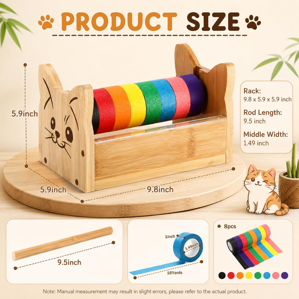 9 Pcs Cat Masking Tape Dispenser with Colored Tape,Bamboo