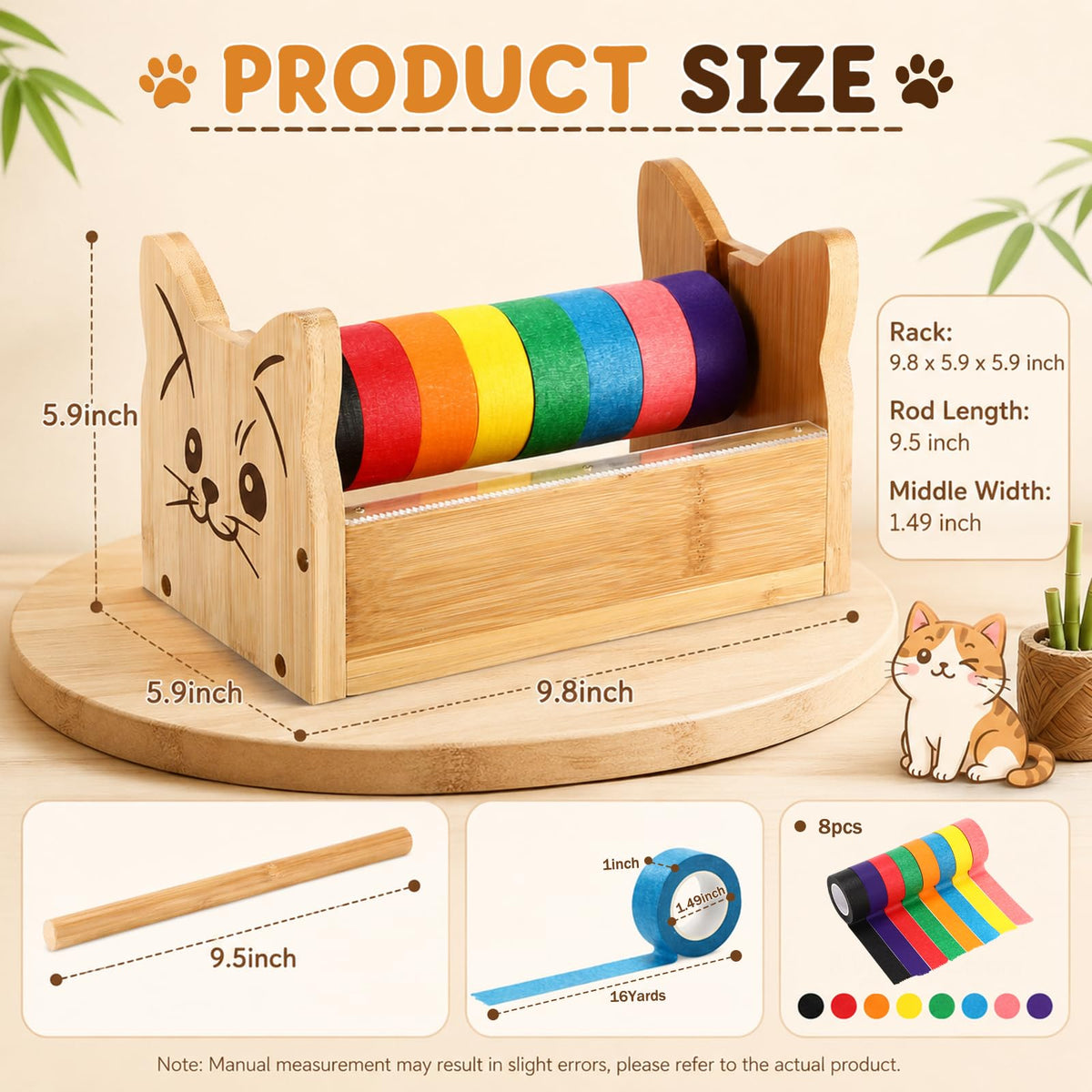 9 Pcs Cat Masking Tape Dispenser with Colored Tape,Bamboo