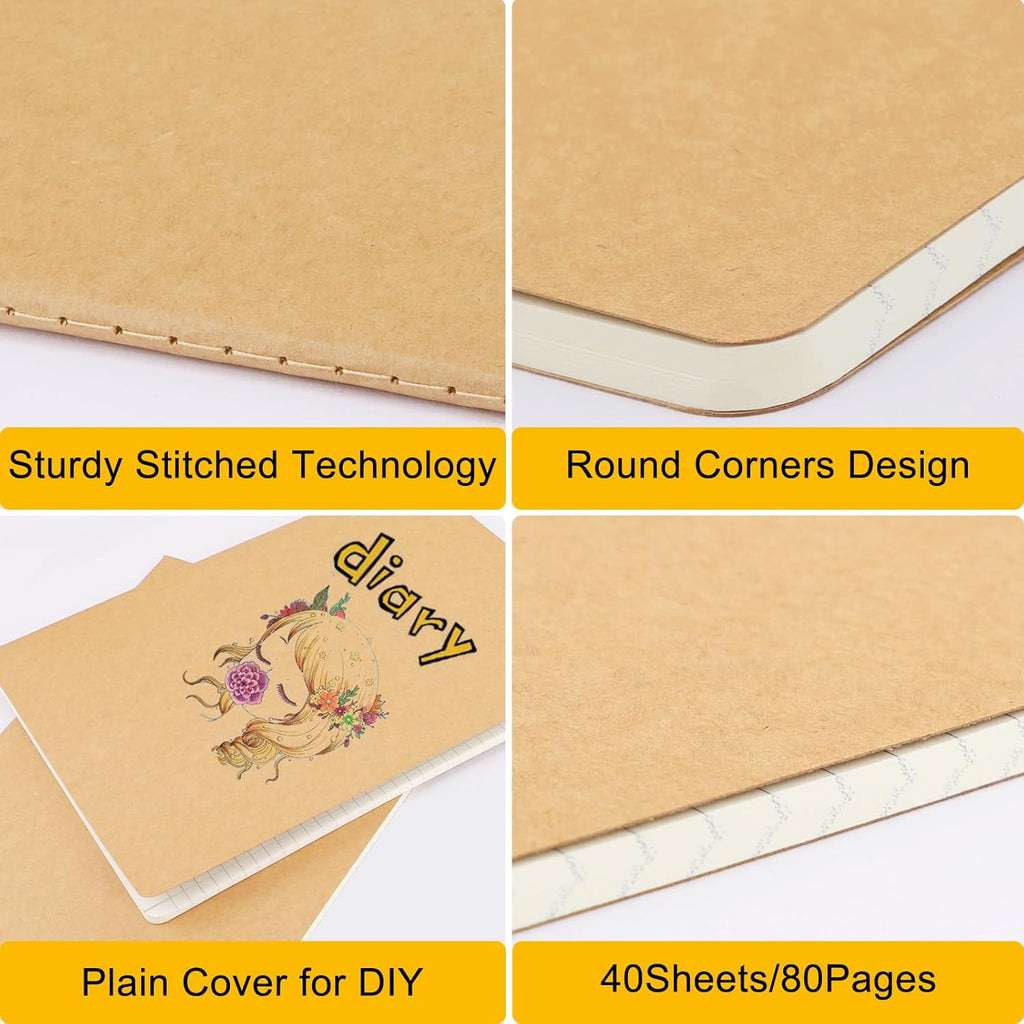 Graph Journal, 3 Packs Large A4 8.5" x 11" 40 Sheets/ 80 Pages, 100gsm Thick Paper Kraft Sketchbook Composition Diary
