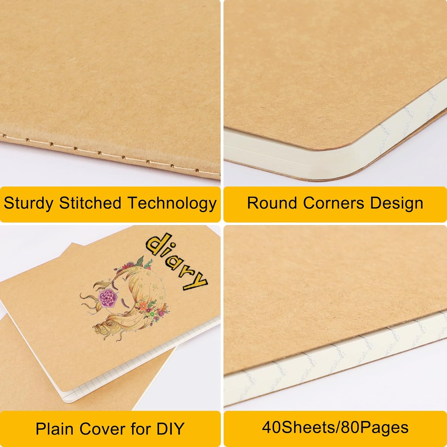 Graph Journal, 3 Packs Large A4 8.5" x 11" 40 Sheets/ 80 Pages, 100gsm Thick Paper Kraft Sketchbook Composition Diary