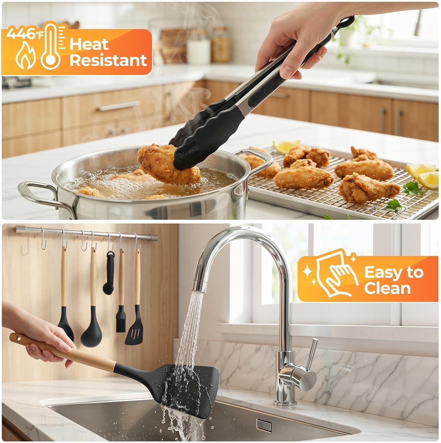 Kitchen Utensils Set - 33 PCS, Heat-Resistant Silicone Cooking Utensils Set with Wooden Handle, BPA-Free Kitchen