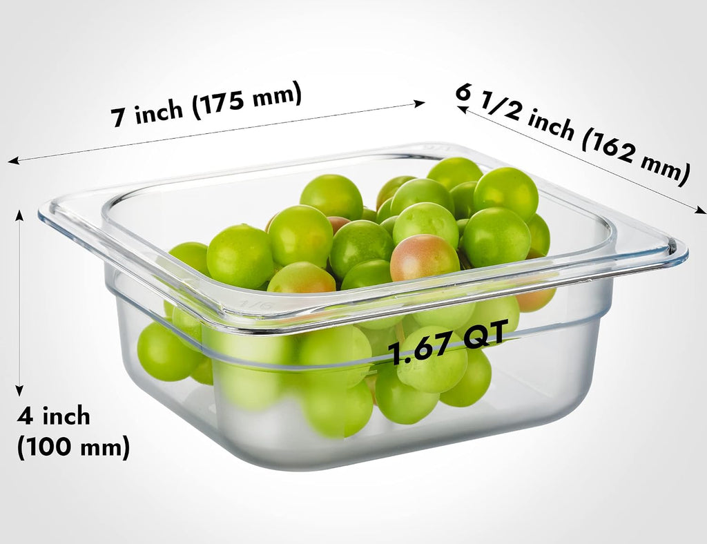 6-Pack 1/6 Size 2.5" Deep NSF Polycarbonate Food Pans | Dishwasher & Freezer Safe Clear Container for Prep Tables