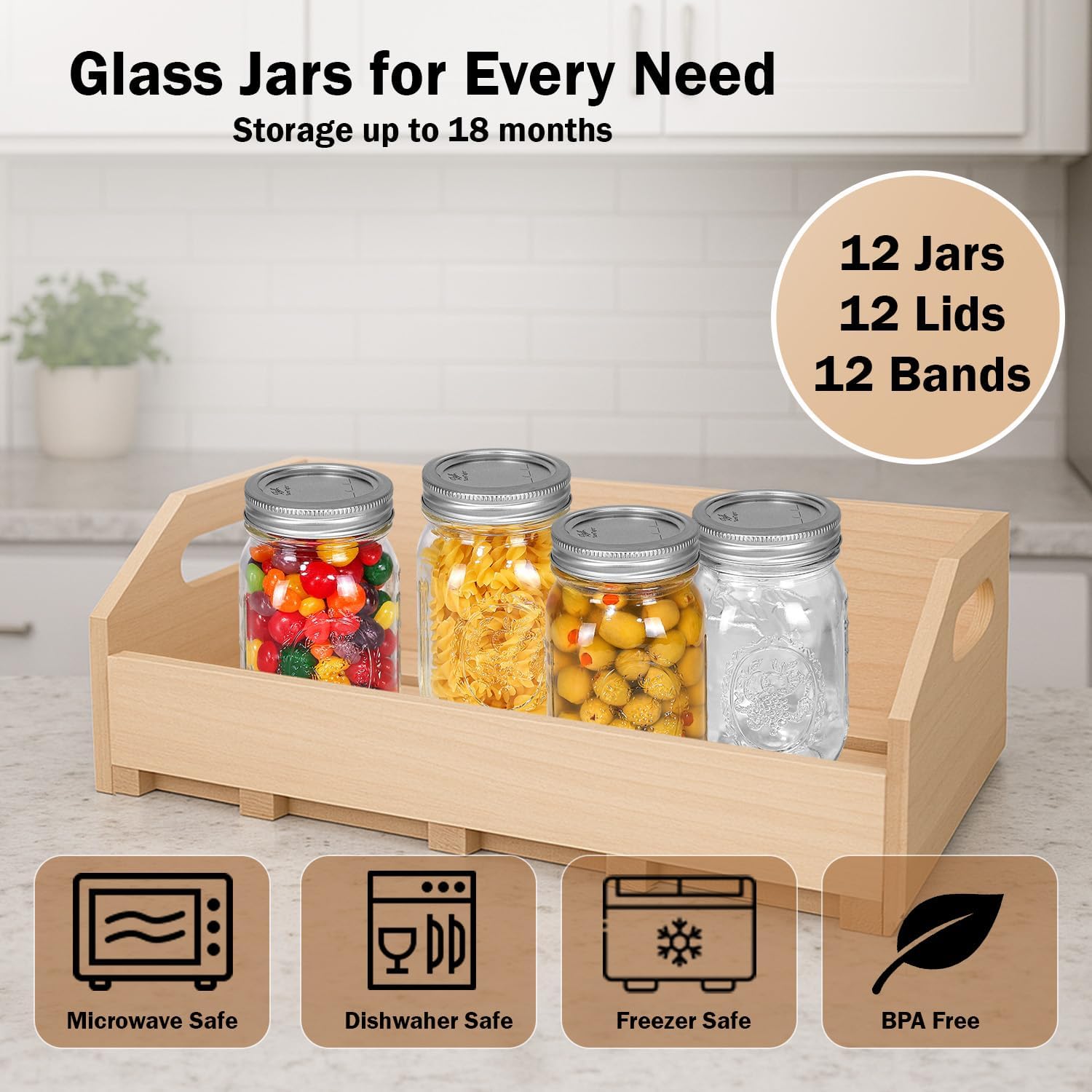 Regular Mouth Mason Jars 16 oz. (12 Pack) - Pint Size Jars with Airtight Lids and Bands for Canning, Fermenting