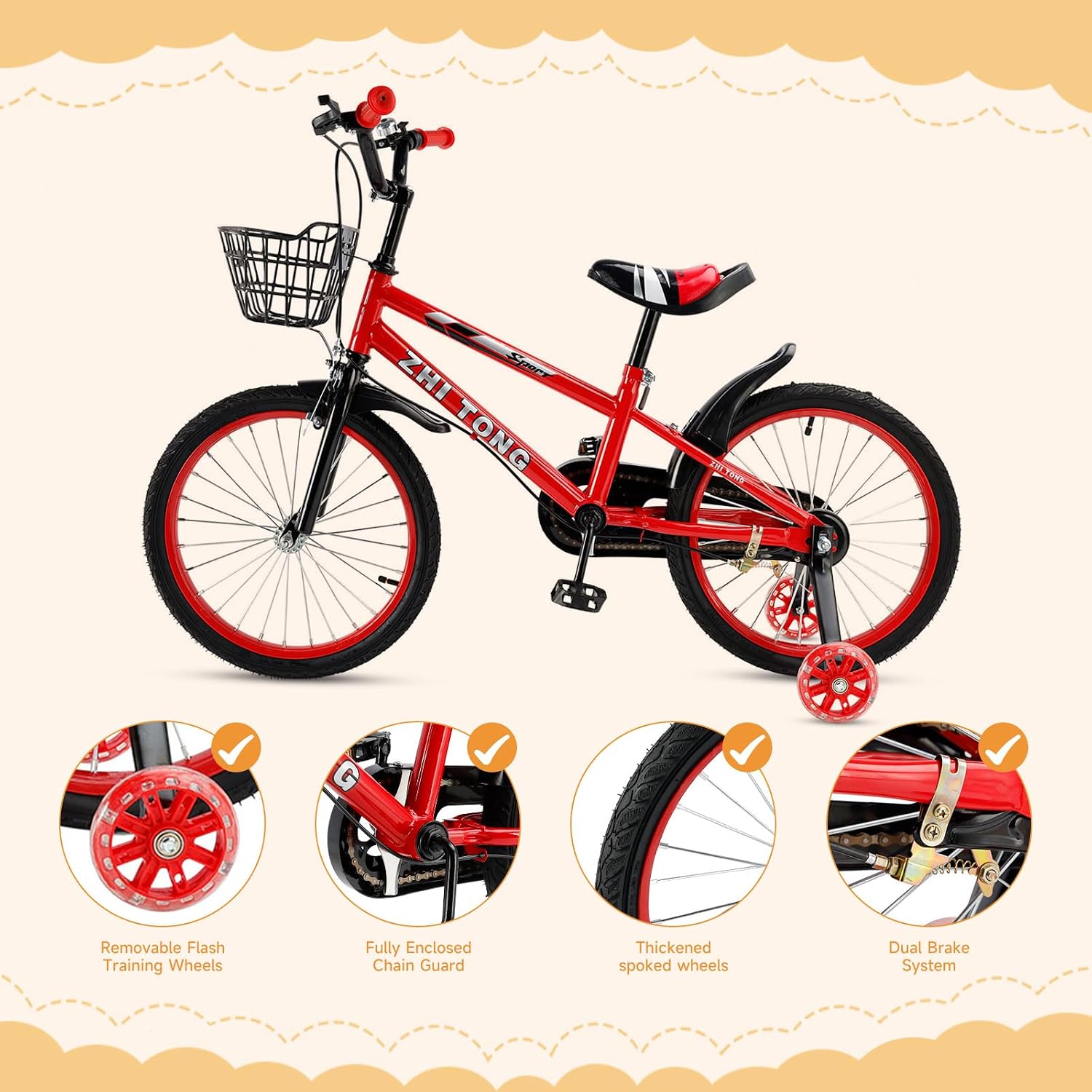 14 16 18 Inch Kids Bike with Training Wheels, Adjustable Seat, Carbon Steel Frame, Dual Brakes, Anti-Slip Wheels