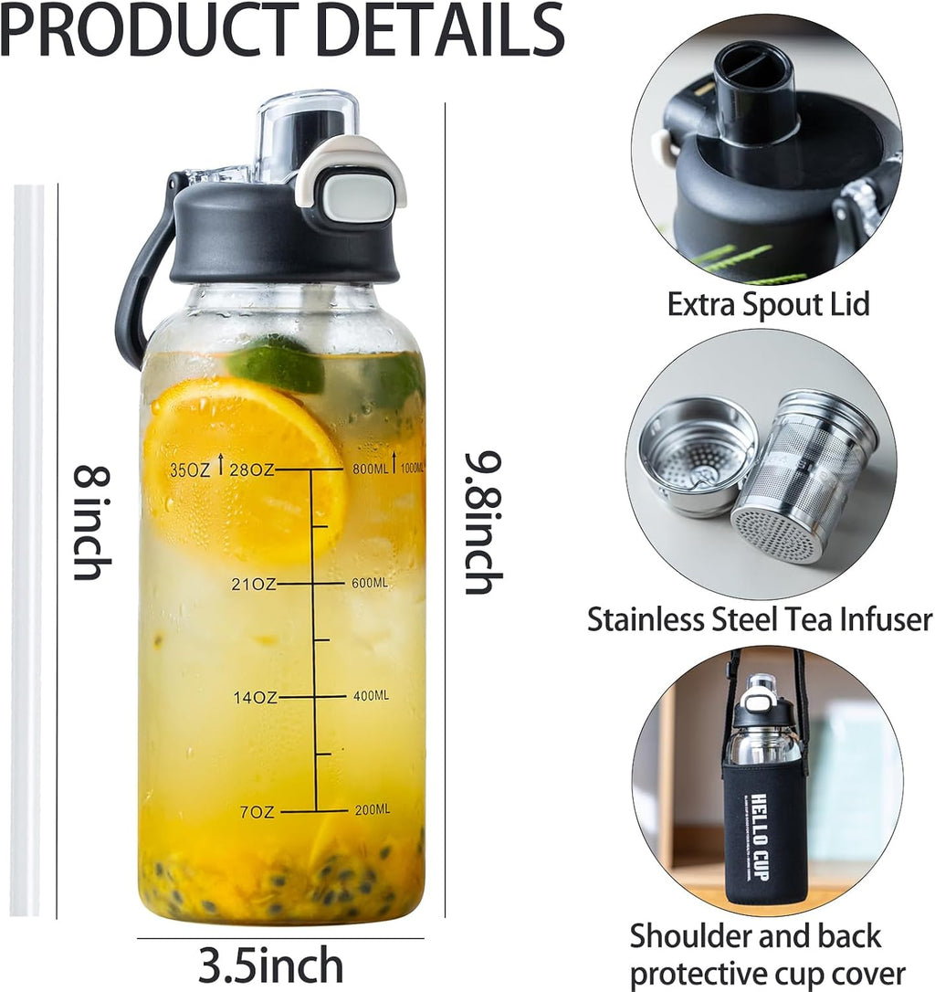 35oz Glass Water Bottles with Time Marker & Straw, BPA-Free Leakproof Glass Drinking Bottles with Protective Sleeve &