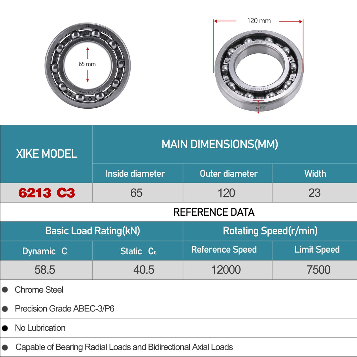 XIKE 6213 Open Ball Bearings, 65x120x23mm, C3 No Seals, 1 Pack