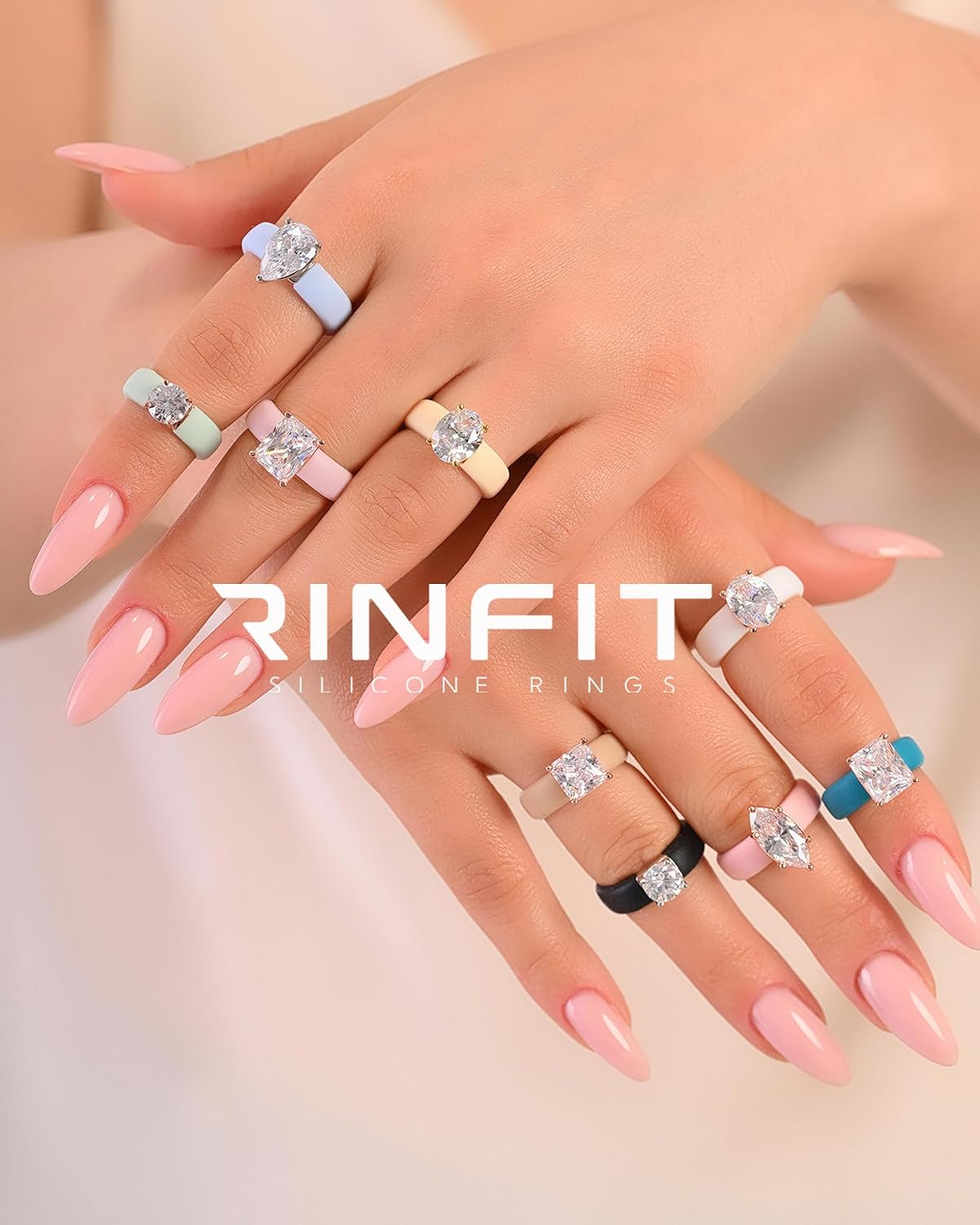 Silicone Ring with Stone and Thin Band Set - Emerald Cut Cubic Zirconia Engagement Ring for Women - Rubber Wedding