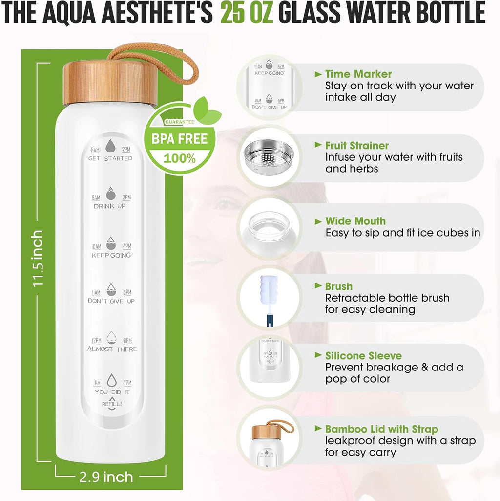 Glass Water Bottles 25 Oz with Silicone Sleeve - BPA Free Reusable Wide Mouth Glass Motivational Water Bottles with