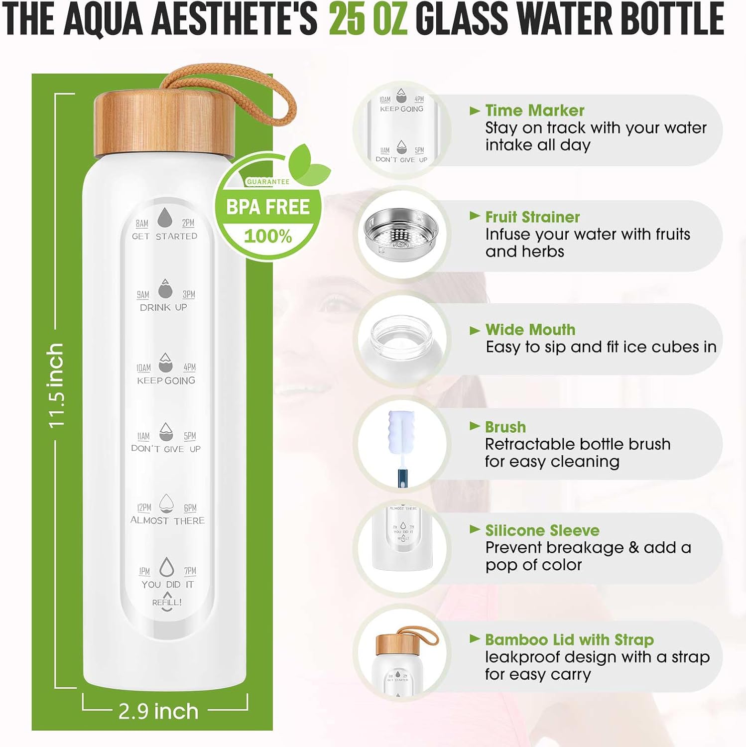 Glass Water Bottles 25 Oz with Silicone Sleeve - BPA Free Reusable Wide Mouth Glass Motivational Water Bottles with