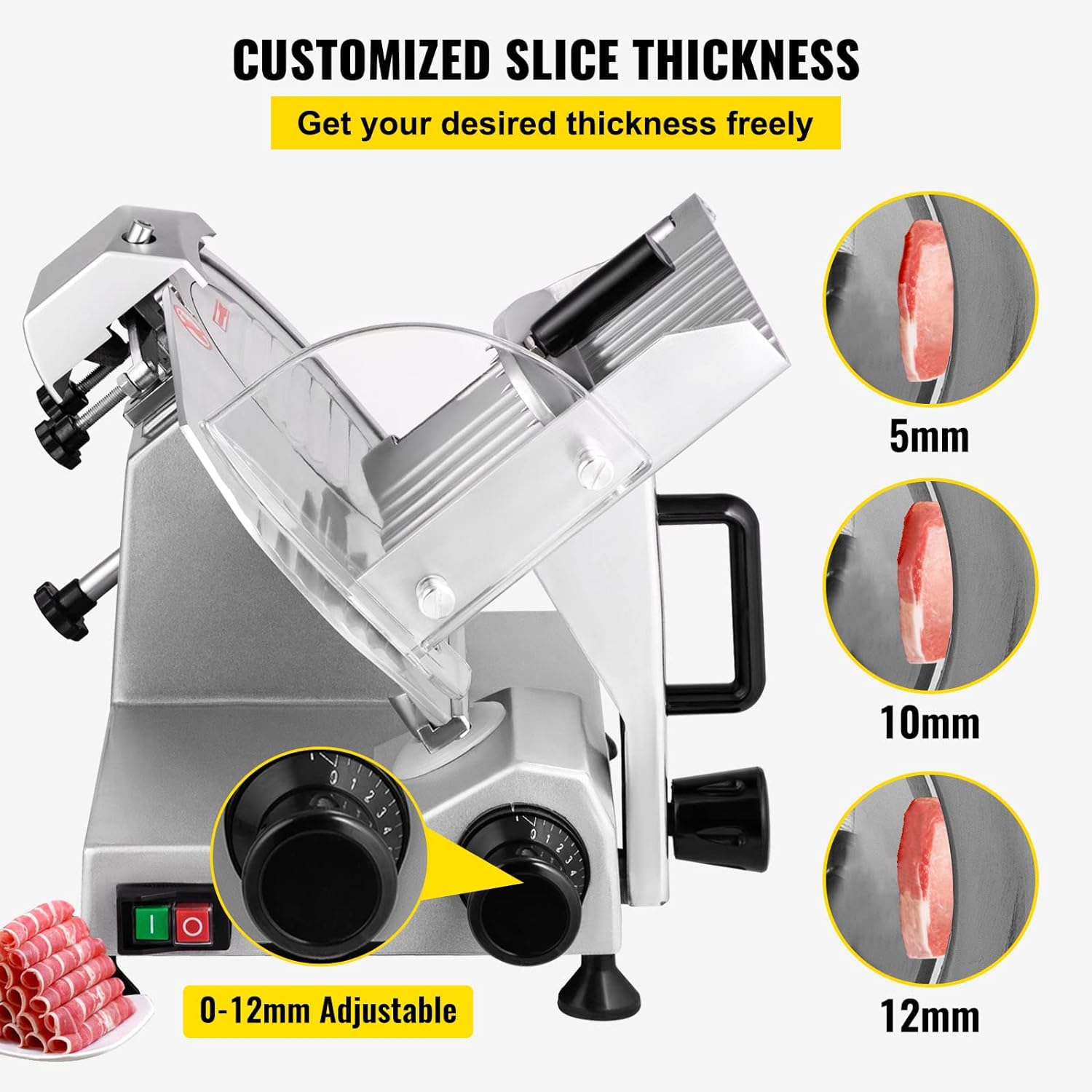 Commercial Meat Slicer, 200W Electric Deli Food Slicer, 0-12mm Adjustable Thickness Electric Meat Slicer, 350-400RPM