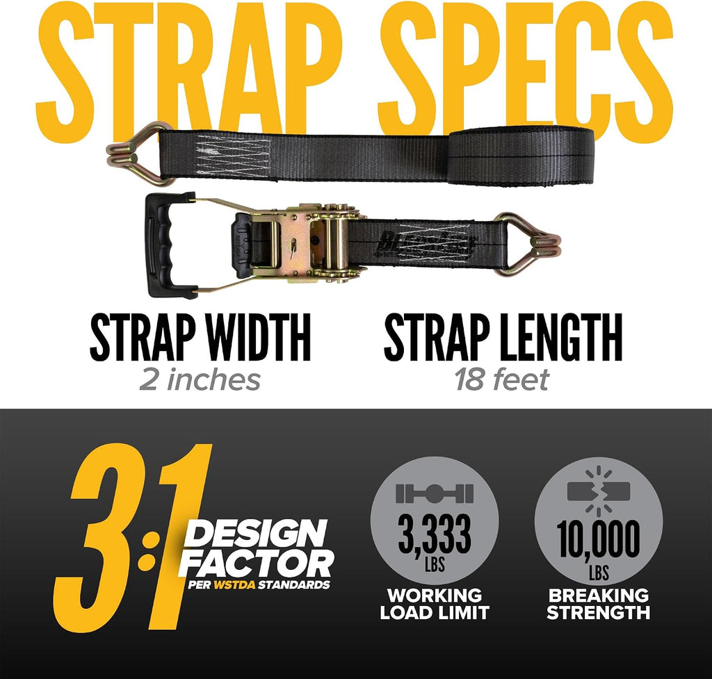 Blackline Ratchet Straps Heavy Duty (2-Pack), 2 Inch x 18 Foot Black Ratchet Straps with Double J Hooks, 13,000 LBS