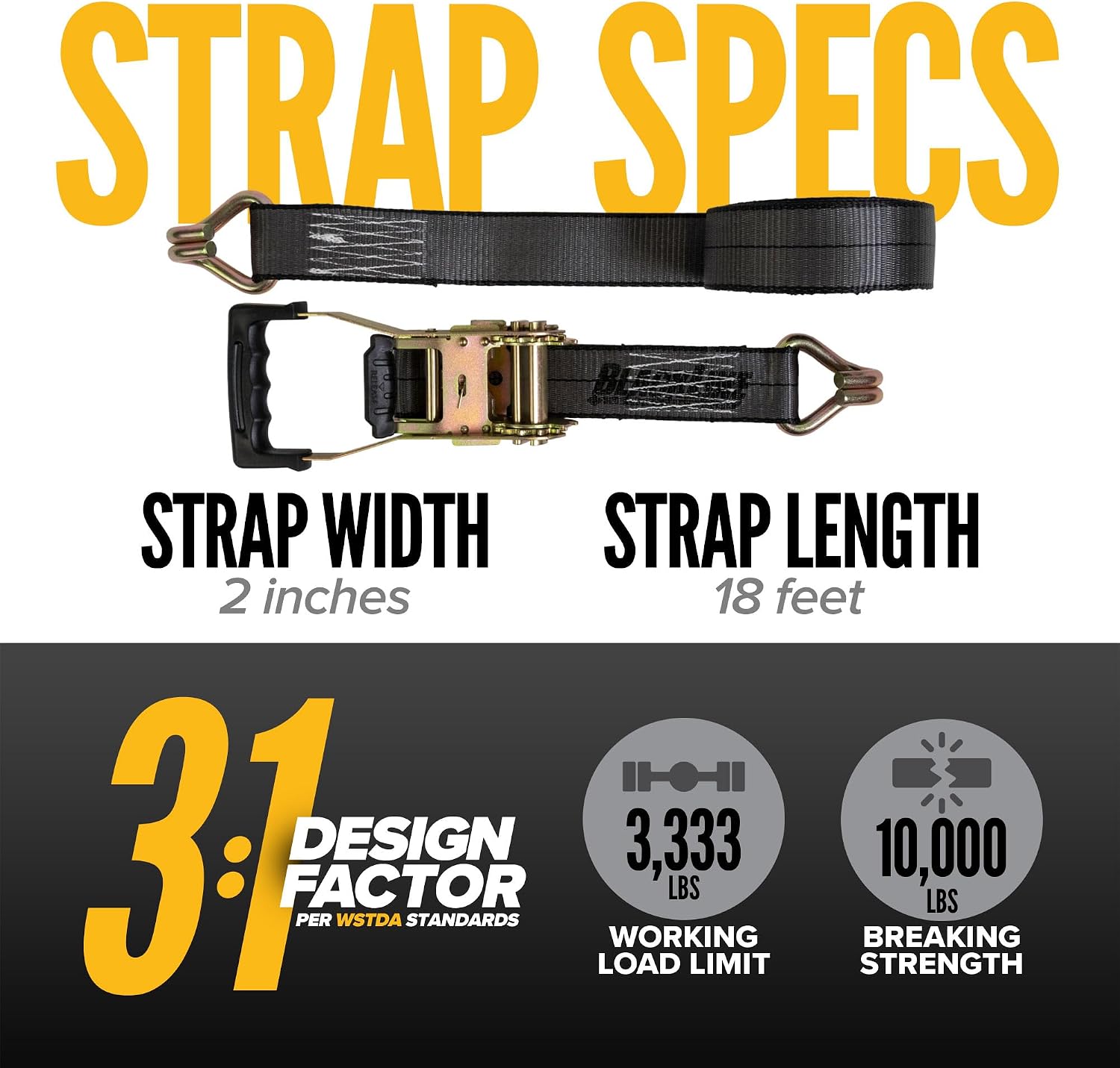 Blackline Ratchet Straps Heavy Duty (2-Pack), 2 Inch x 18 Foot Black Ratchet Straps with Double J Hooks, 13,000 LBS