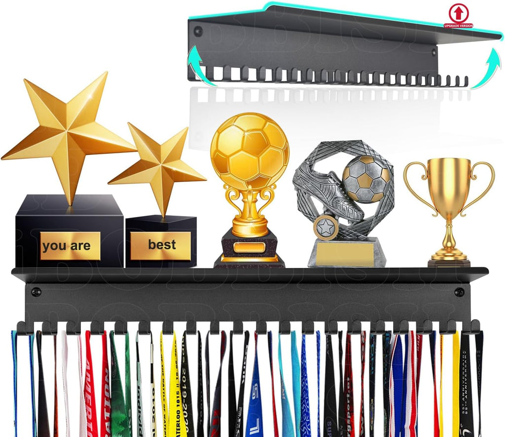 Metal Medal Hanger Display,Non-Slip Trophy Shelf with 20 Hooks,Wall Mount,Heavy Duty,Non-Bent,Holds 22-33lbs