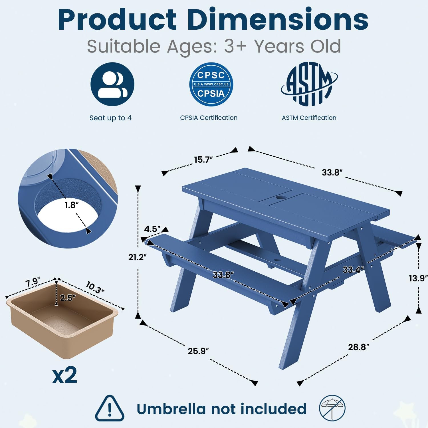Kids 3-in-1 Sand & Water Table,HDPE Outdoor Convertible Picnic Table w/Detachable Tabletop