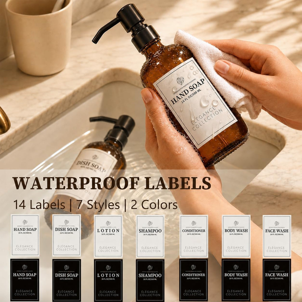 Amber Glass Soap Dispenser 2 Pack, 16 Fl Oz, 14 Waterproof Labels | Leak-Resistant Stainless Steel Pump, Non-Slip