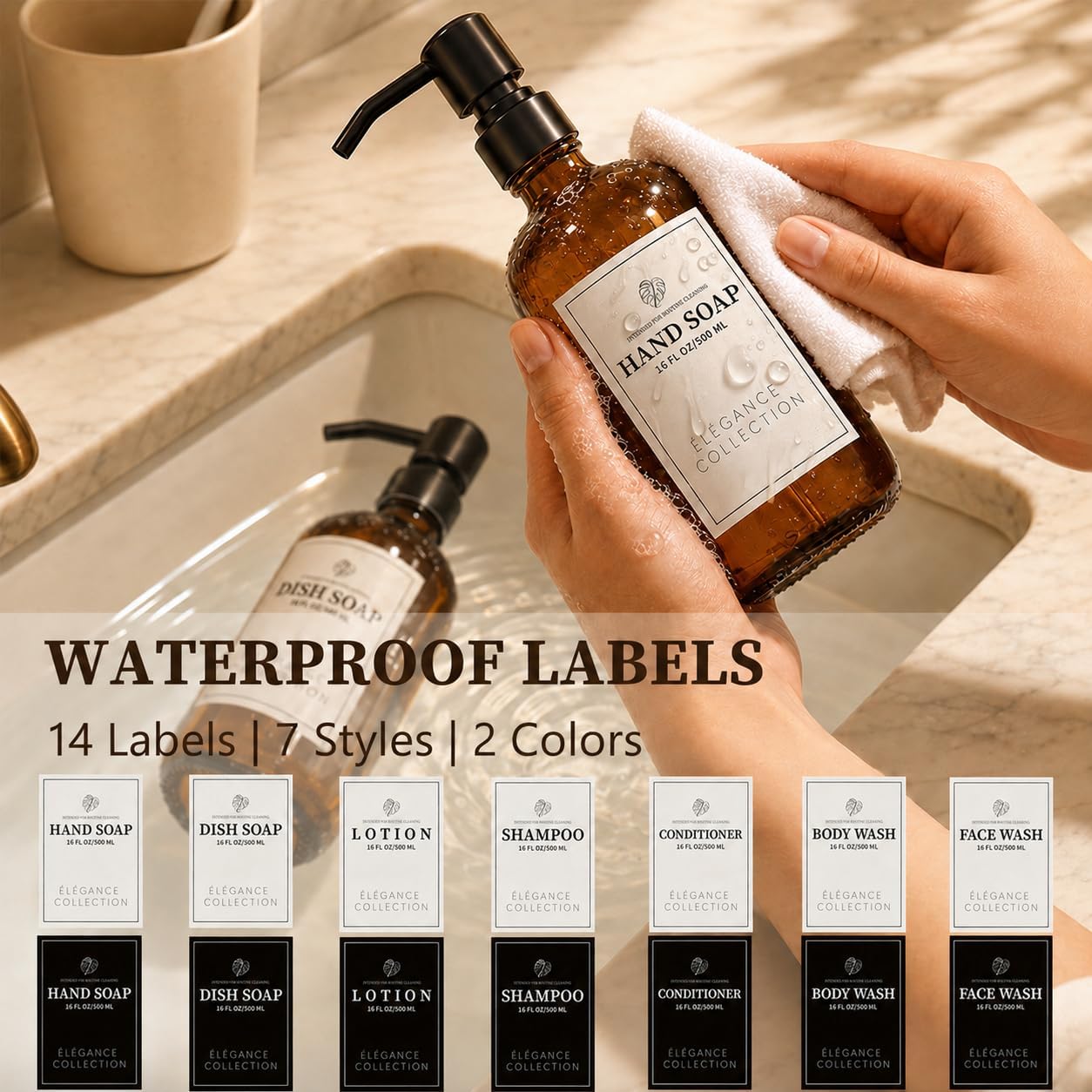 Amber Glass Soap Dispenser 2 Pack, 16 Fl Oz, 14 Waterproof Labels | Leak-Resistant Stainless Steel Pump, Non-Slip