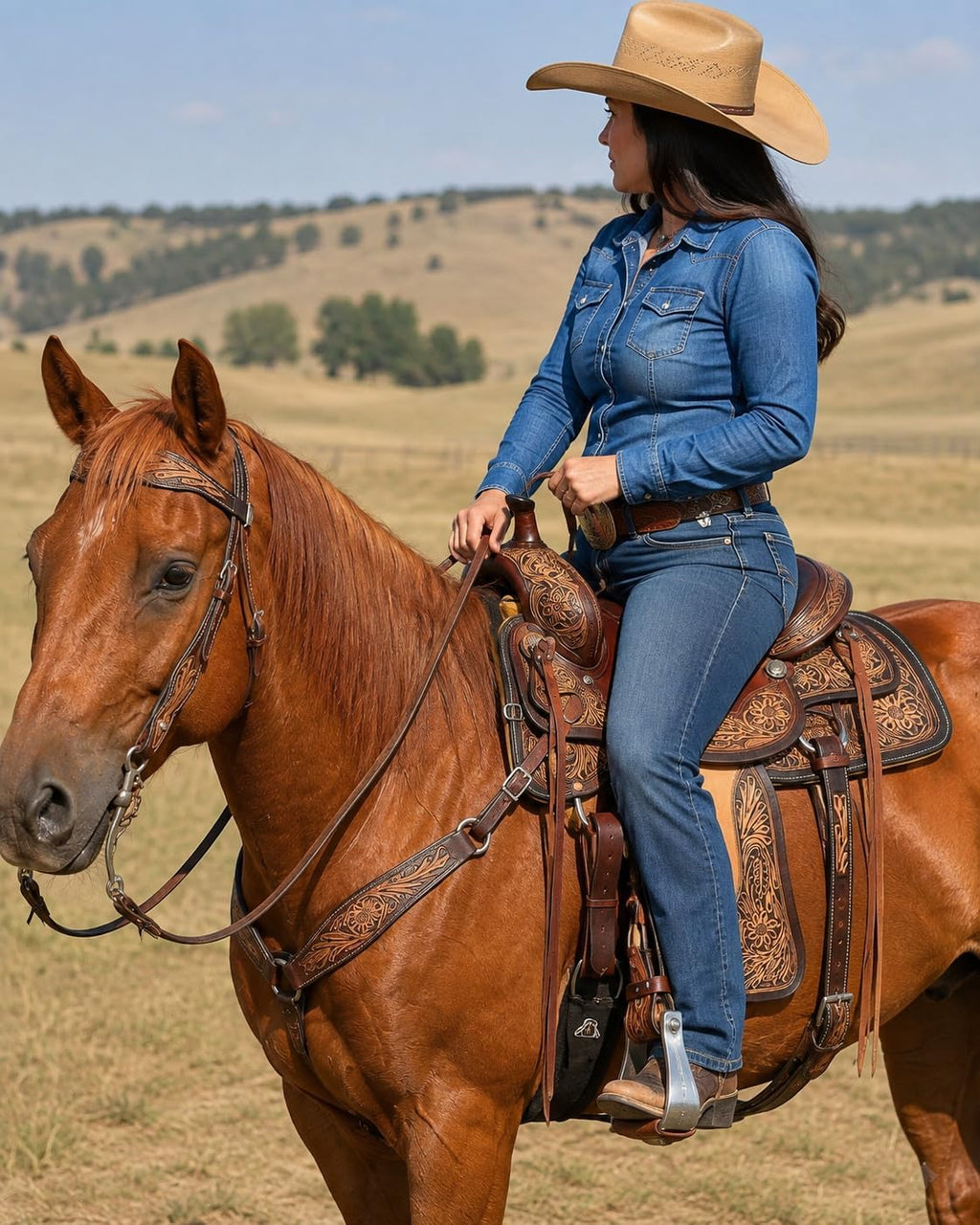 Hand Tooled Western Horse Saddle with Tack Set Genuine Leather Trail Ranch Barrel Racing Saddle Floral Carved 15-18 Inch