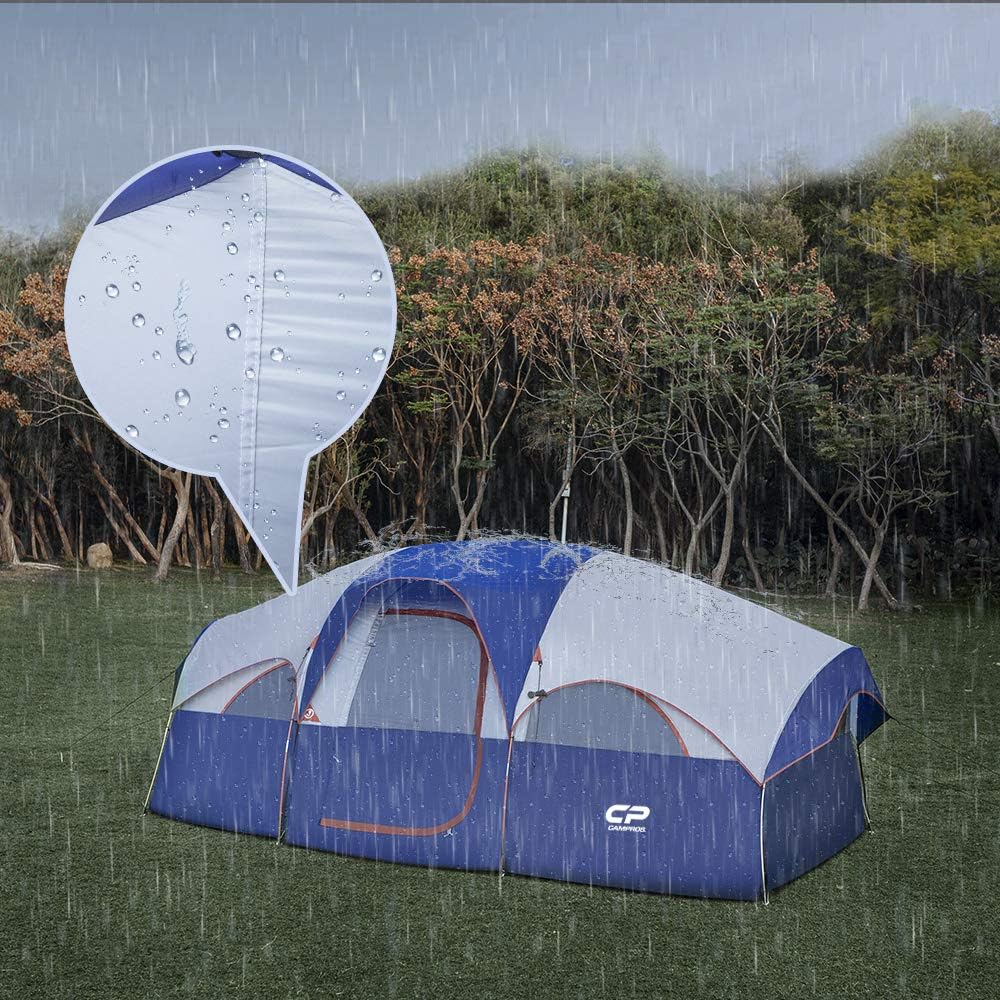 8 Person Camping Tent, Room Divider, Rainfly, Weather Resistant | Family tent with 5 large mesh windows, double-layer