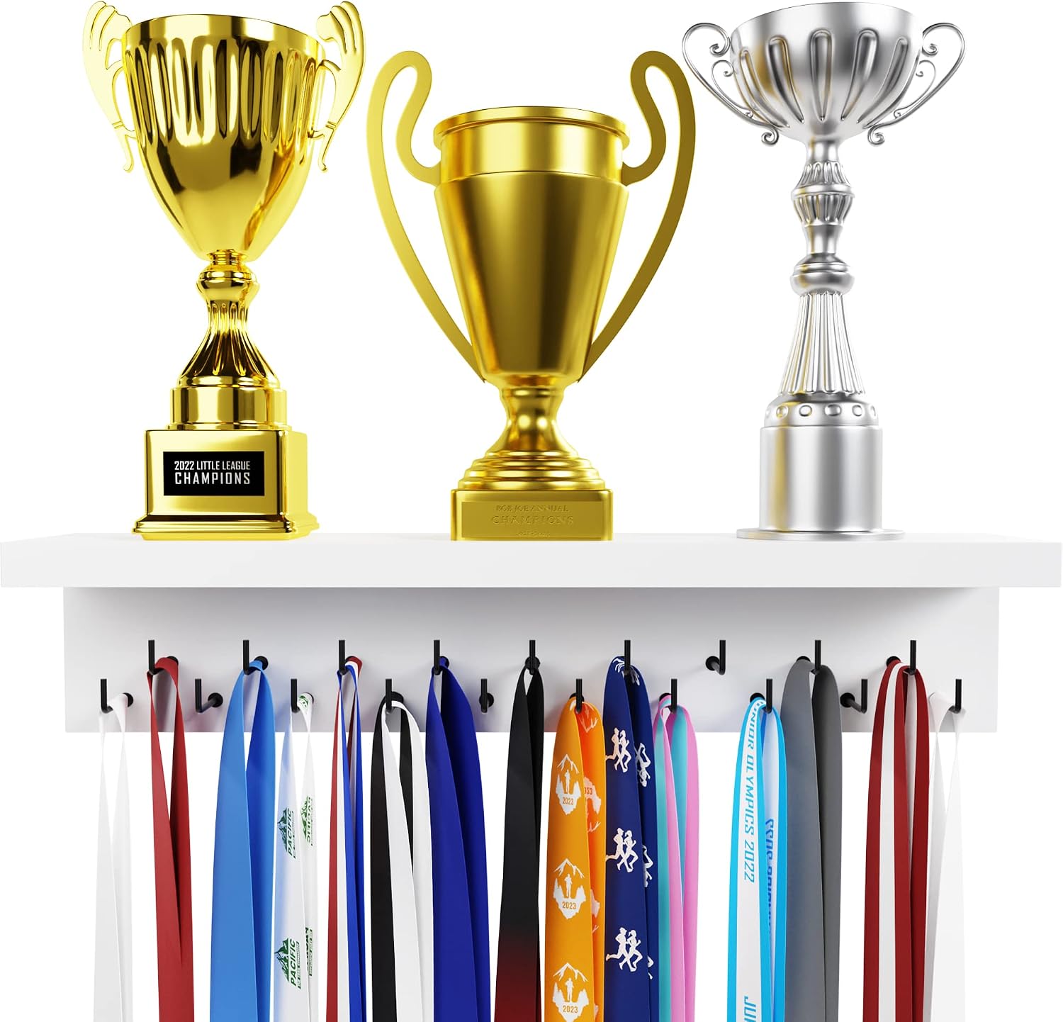 Medal Hanger Display and Trophy Shelf with Hooks - Wooden Medal Holder for Wall Mount Ribbon Display, Trophy Display