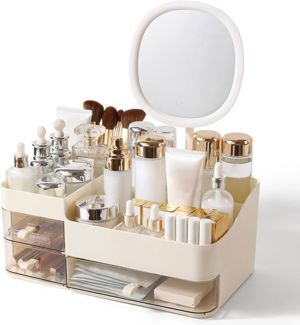 Makeup Organizer with Rechargeable Mirror and 3 Drawers,Skincare and Cosmetics Organizer Countertop,Makeup Brush