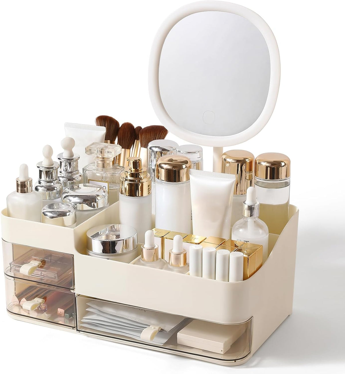 Makeup Organizer with Rechargeable Mirror and 3 Drawers,Skincare and Cosmetics Organizer Countertop,Makeup Brush