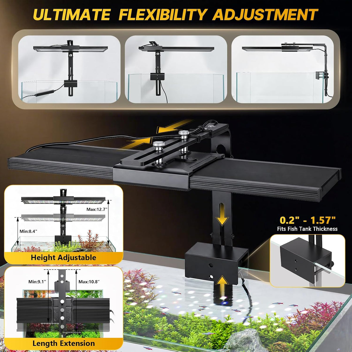 Clip on Aquarium Light for Plants, 6 Row LED Brightness, 18W