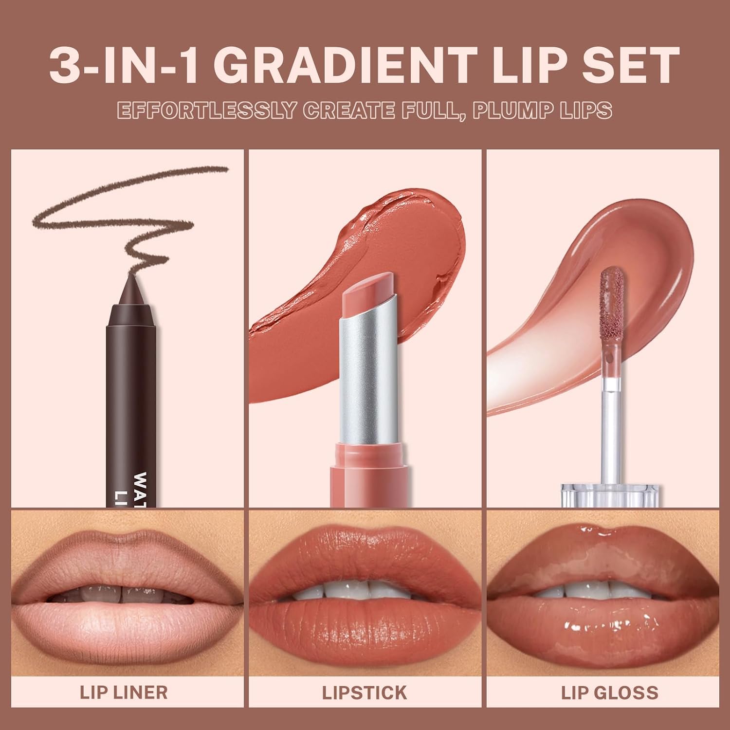 3Pcs Lip Combo Set, Lip Kit with Brown Plumping Lip Liner & Nourishing Lipstick & Nude Glossy Lip Gloss