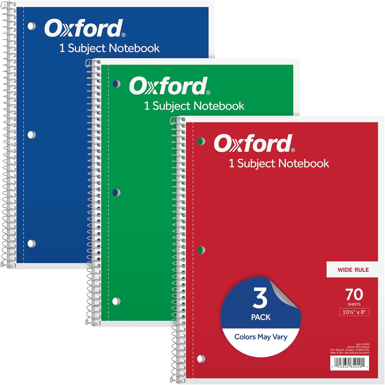 1-Subject Notebooks, School Journal, 8 x 10-1/2 Inch, Wide Rule Paper, 70 Sheets, 3-Hole Punch, 3 Pack, Red, Blue
