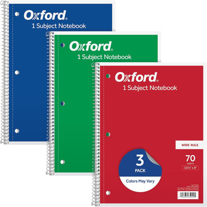 1-Subject Notebooks, School Journal, 8 x 10-1/2 Inch, Wide Rule Paper, 70 Sheets, 3-Hole Punch, 3 Pack, Red, Blue