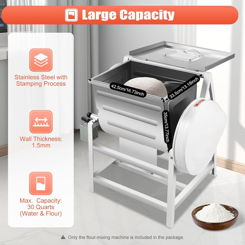 30Quarts Commercial Dough Mixer, 800W Electric Flour-mixing Machine, 110V Double Belts 1.5mm Mixing Container Wall