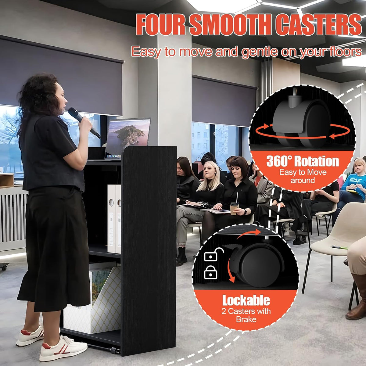 Podium Stand - Portable Podium Stand with 4 Rolling Wheels, Pulpits for Churches with Adjustable Shelf, Hostess