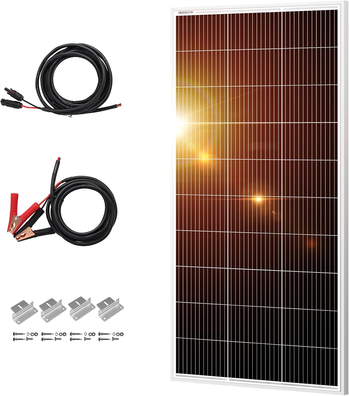 200W 18V Solar Panel Kit for 12V Systems, Brackets, 5 m Cable | Includes aluminum-frame panel, mounting brackets