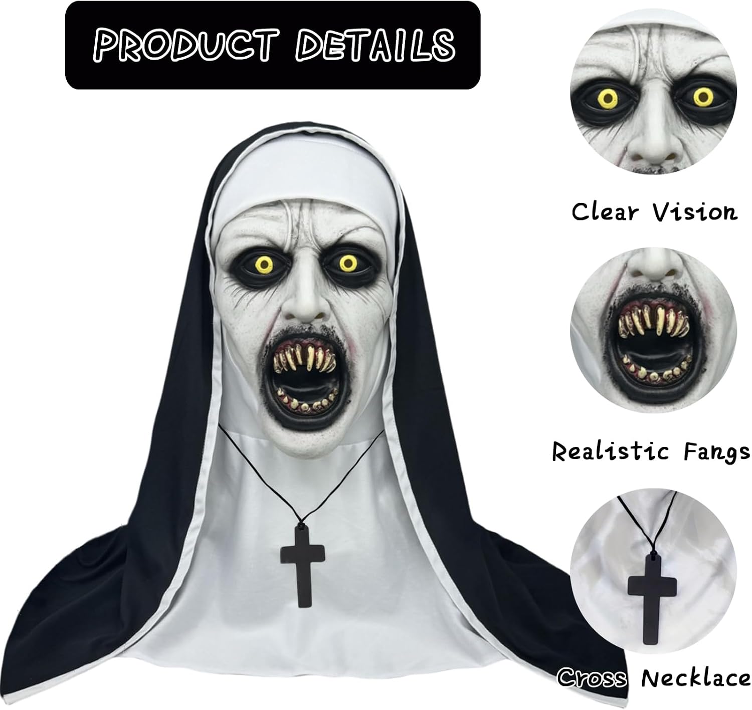 Nun Scary Latex Mask Halloween Party Horror Nun Mask Full Head Costume Creepy Mask with Cross Necklace(Fang)