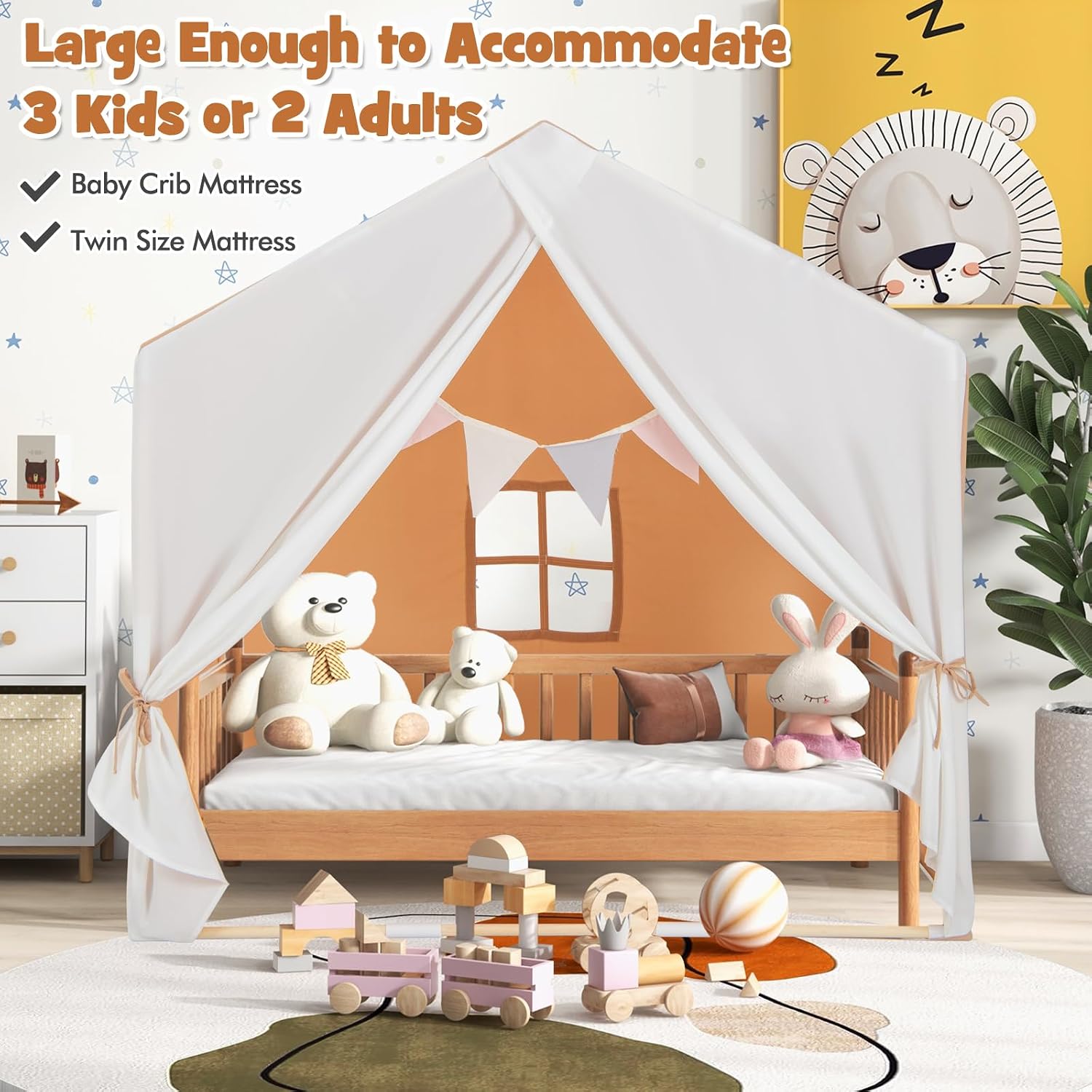Large Kids Tent with Mat, Children's Play Tent w/Flag Banner, Windows, Gauze Curtain, Solid Wood Frame, Indoor