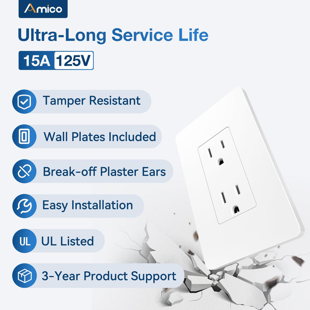 Amico 30 Pack 15 Amp Wall Outlets with Screwless Wall Plates