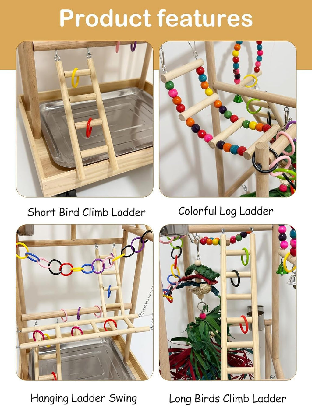 4-Tier Large Wooden Bird Playground with Trays Cups Ladder - Parrot Playstand, Birds Play Stand, Wood Perch Gym for