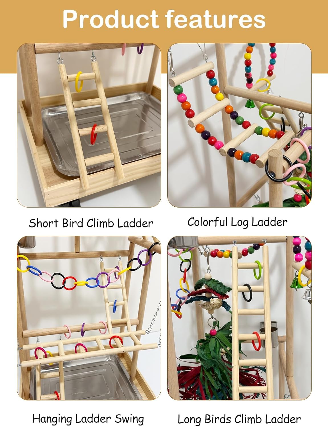 4-Tier Large Wooden Bird Playground with Trays Cups Ladder - Parrot Playstand, Birds Play Stand, Wood Perch Gym for